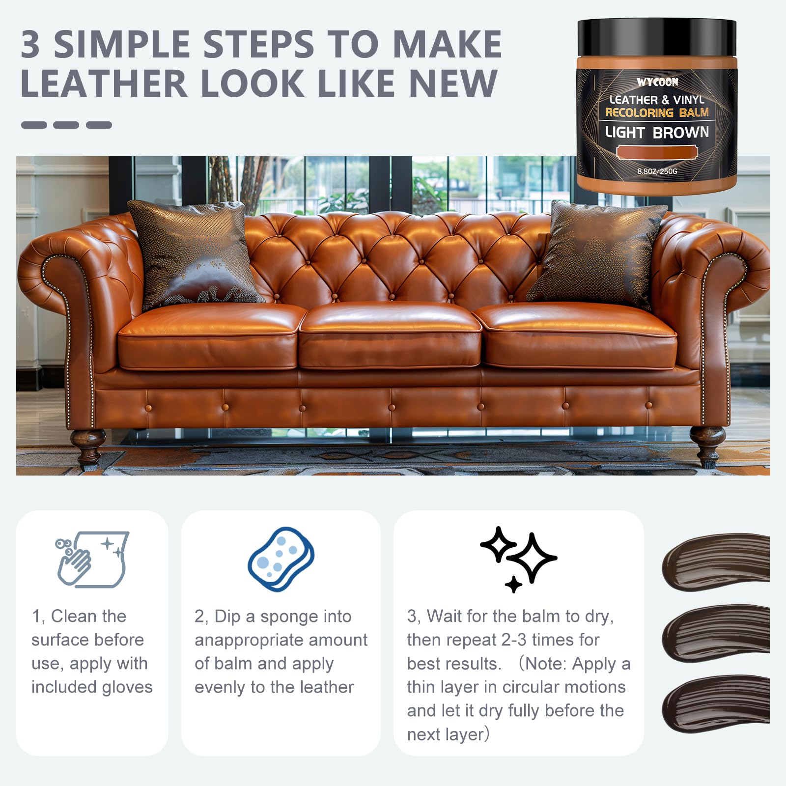 WYCOON balm works on genuine and faux leather; suitable for car interiors and furniture.