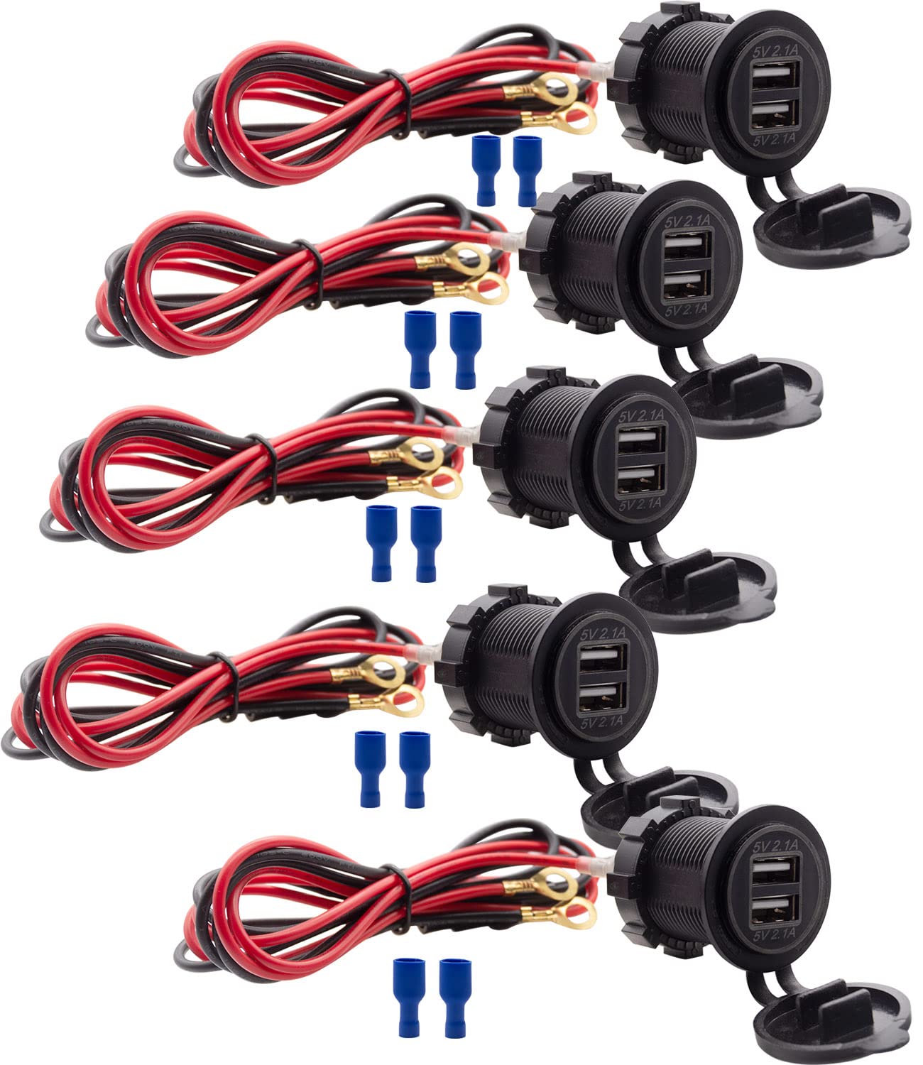 WYMECT 12V USB outlet with dual ports and blue LED for night use.