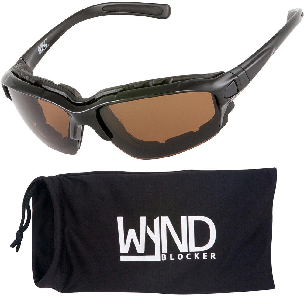 WYND Blocker motorcycle glasses with amber lens for wind protection during rides.