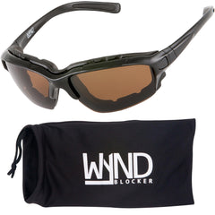 WYND Blocker motorcycle glasses with amber lens for wind protection during rides.