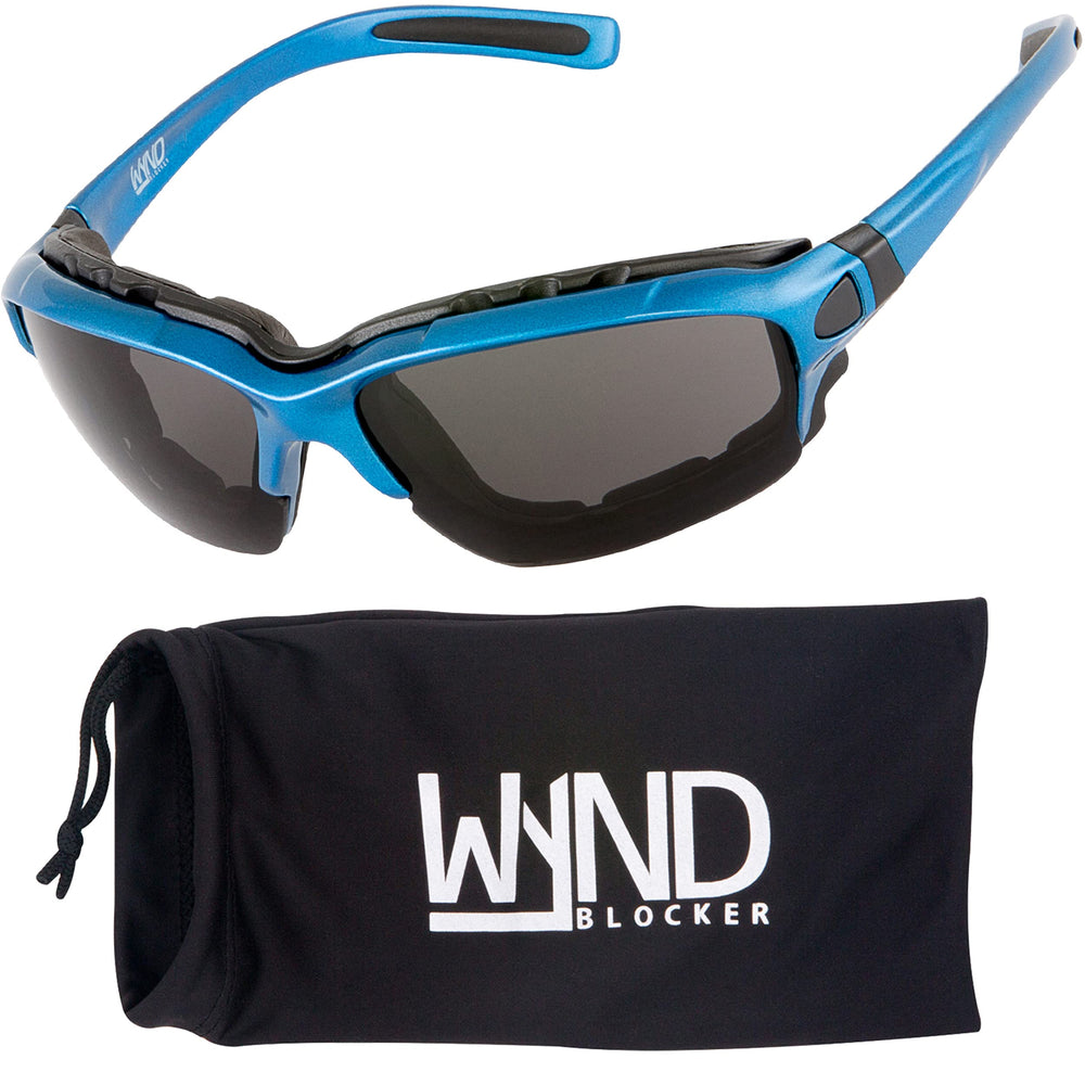 WYND Blocker riding glasses with blue smoke lenses offering wind protection for rides