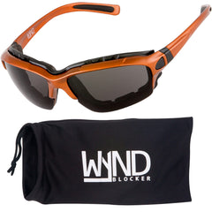 WYND Blocker motorcycle glasses, front view with orange frame and smoke lens for wind protection.