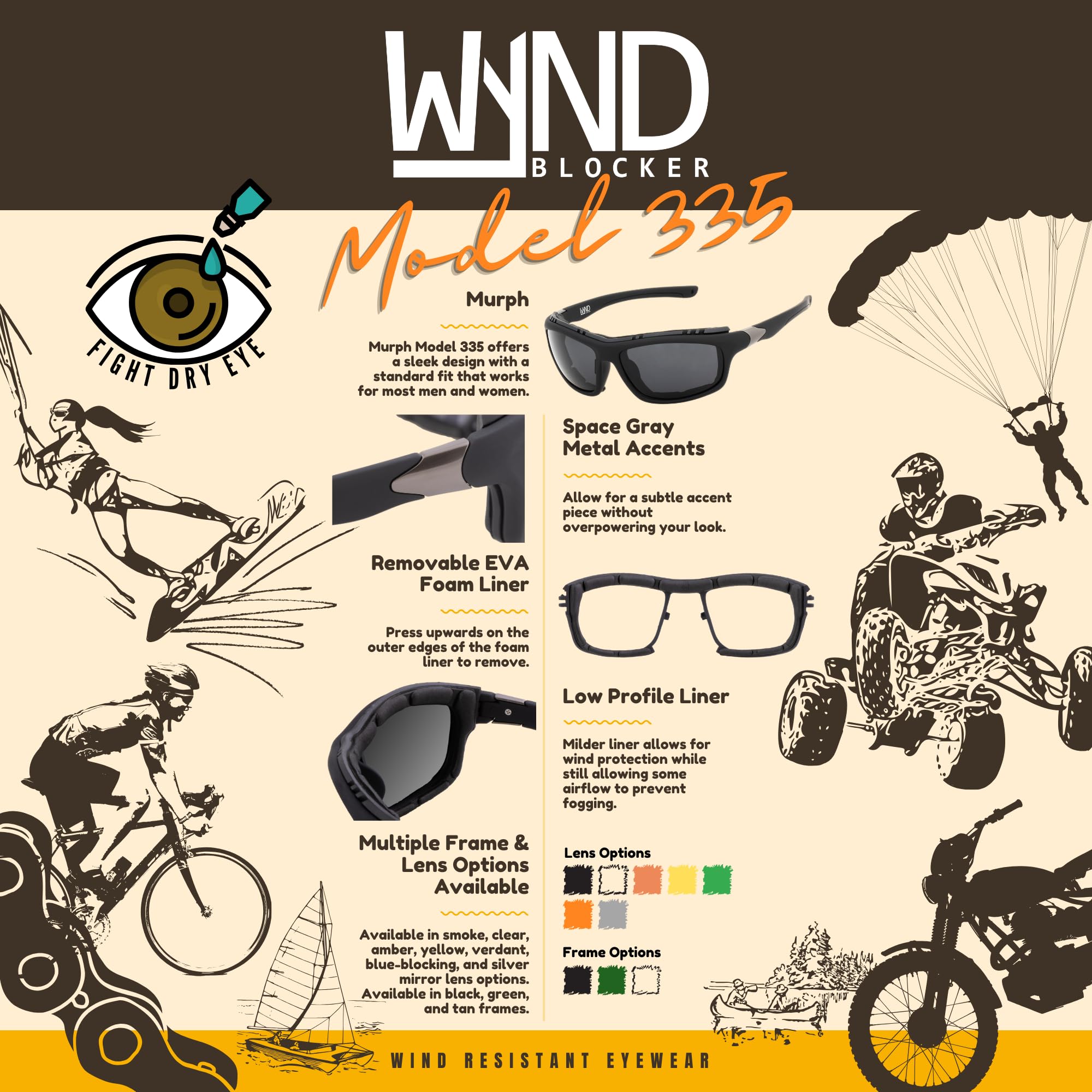 Murph 335 frame is rubberized matte black with impact-resistant lenses