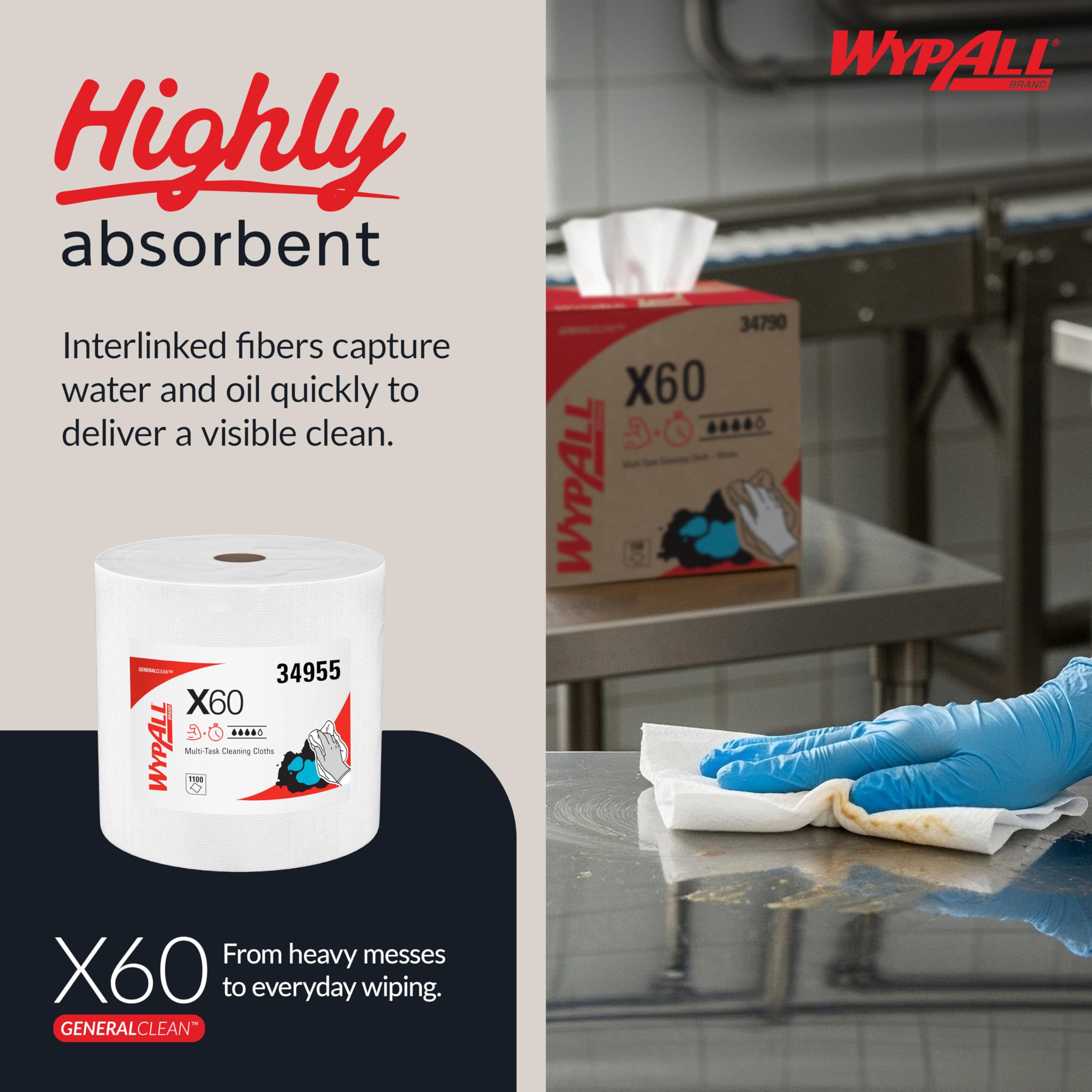 WypAll General Clean X60 contains no adhesives or binders, leaving no residues.