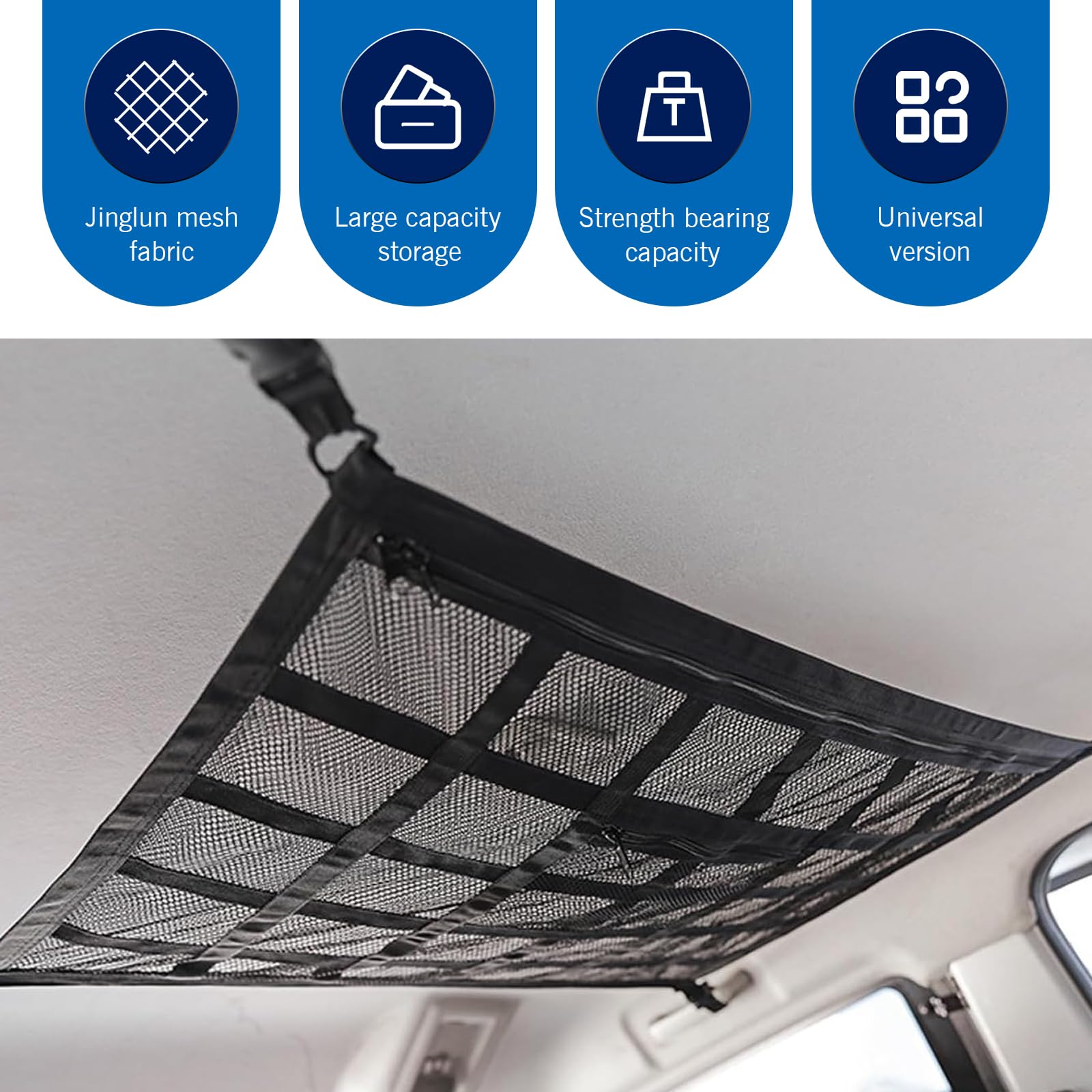 WZP Car Ceiling Cargo Net adjustable D rings for secure setup.