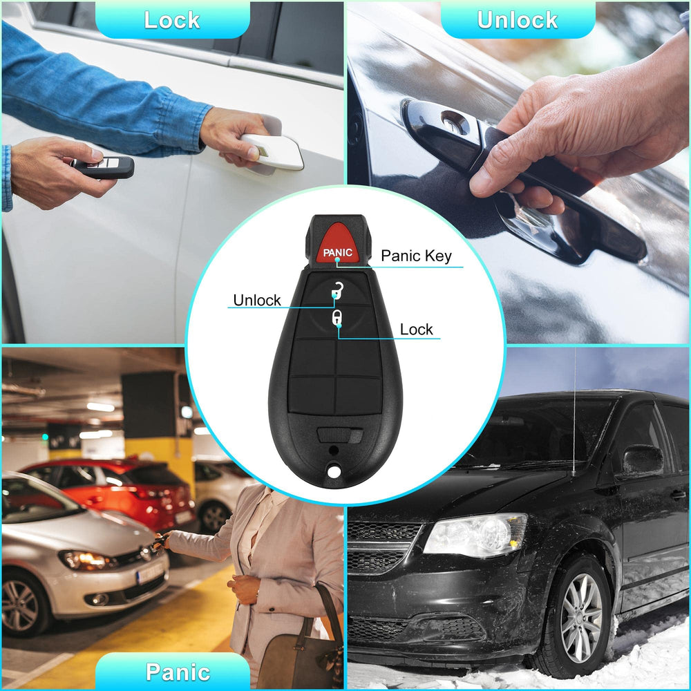 Three-button keyless remote close-up showing lock unlock and panic functions.