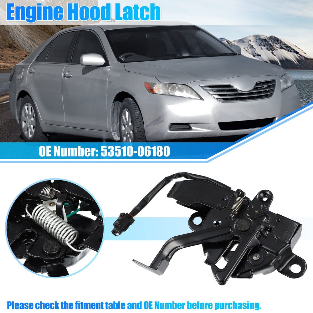 Closeup of 53510-06180 hood latch showing sturdy metal finish.