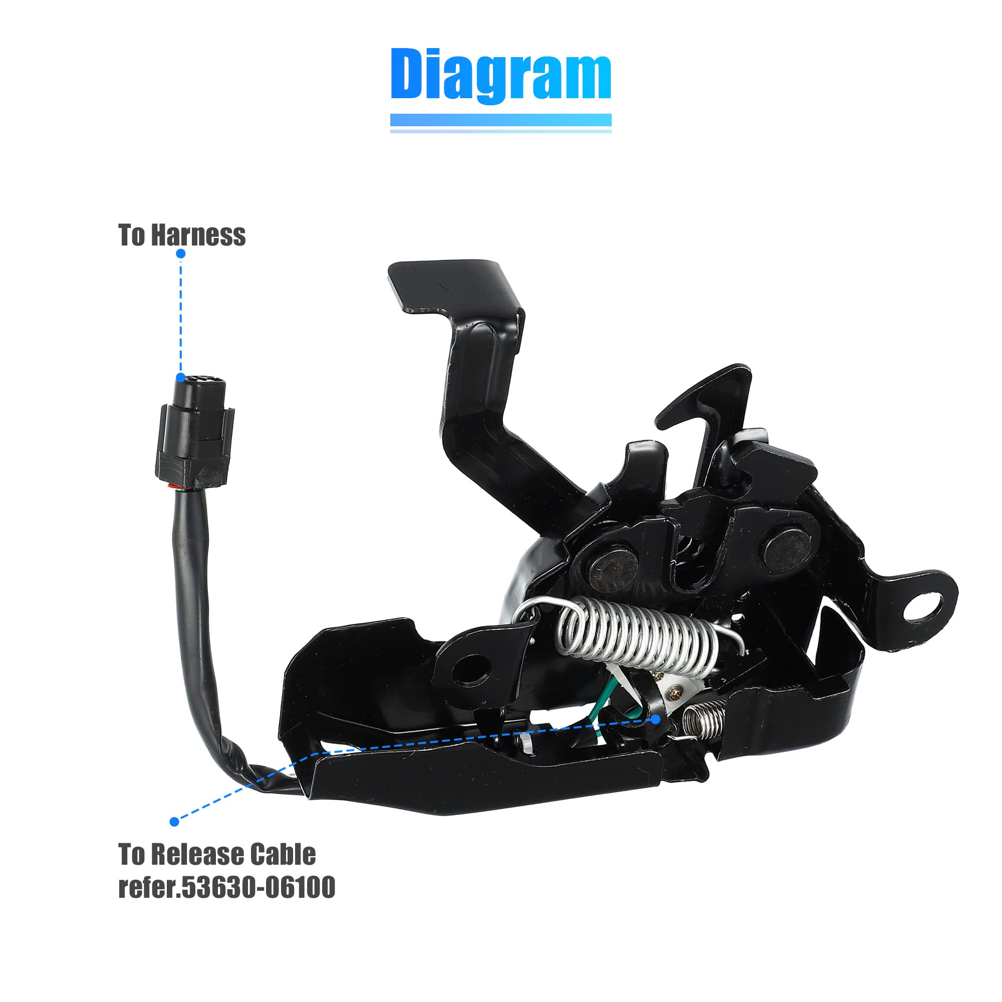 Durable metal latch with safety hook concept for secure hood.