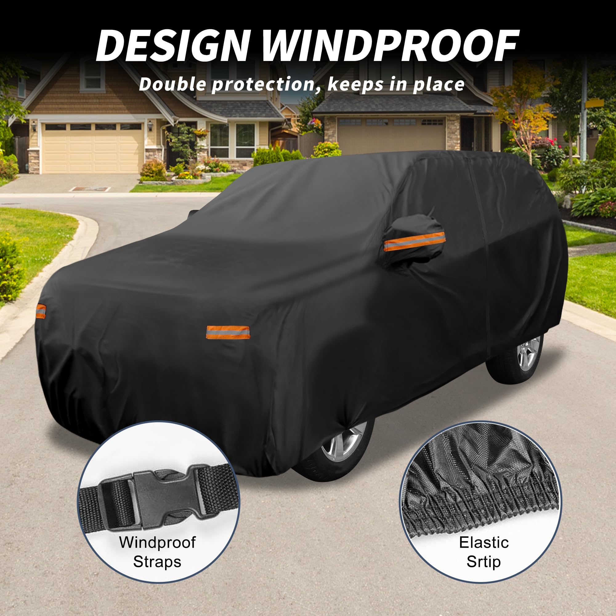 Windproof straps and elastic hem keep the cover secure on your vehicle.
