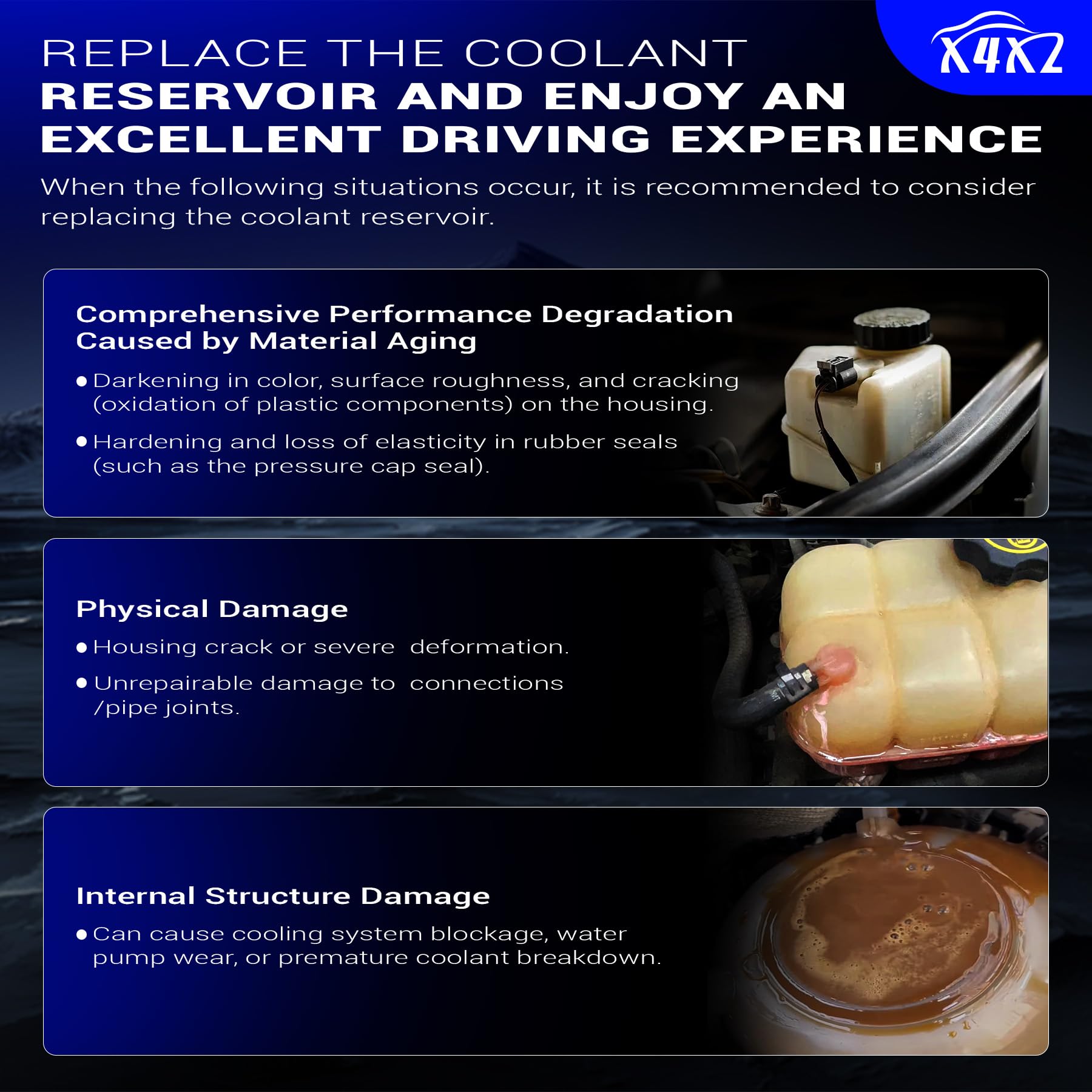 X4XZ BMW E46 front engine compartment view, compatible coolant tank.