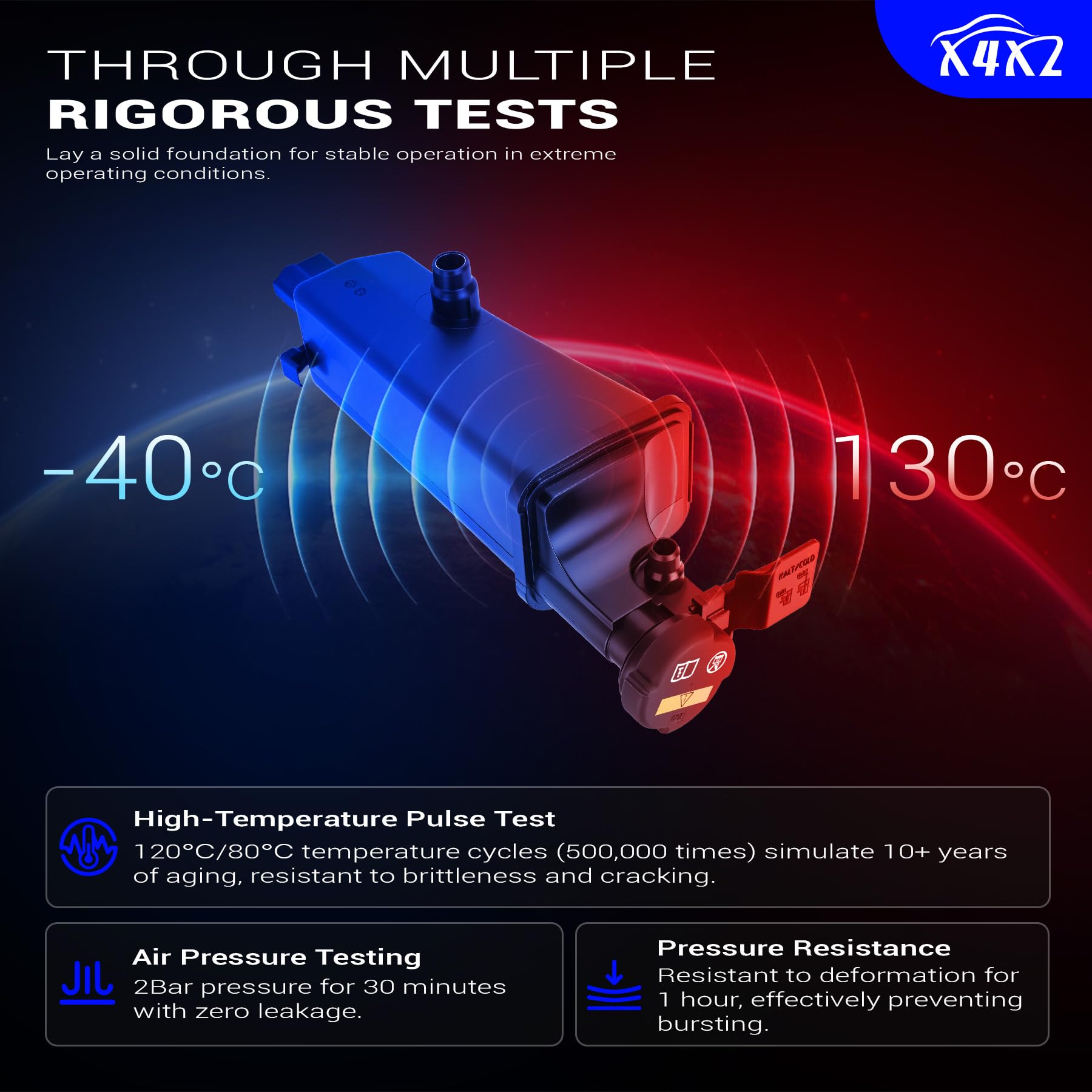 X4XZ coolant expansion tank for BMW E46 body view, withstands heat and vibration.