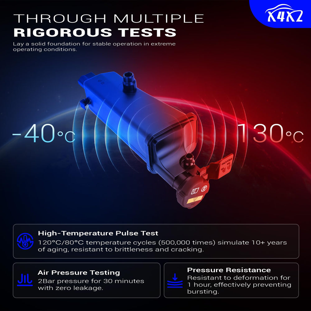 X4XZ coolant expansion tank for BMW E46 body view, withstands heat and vibration.