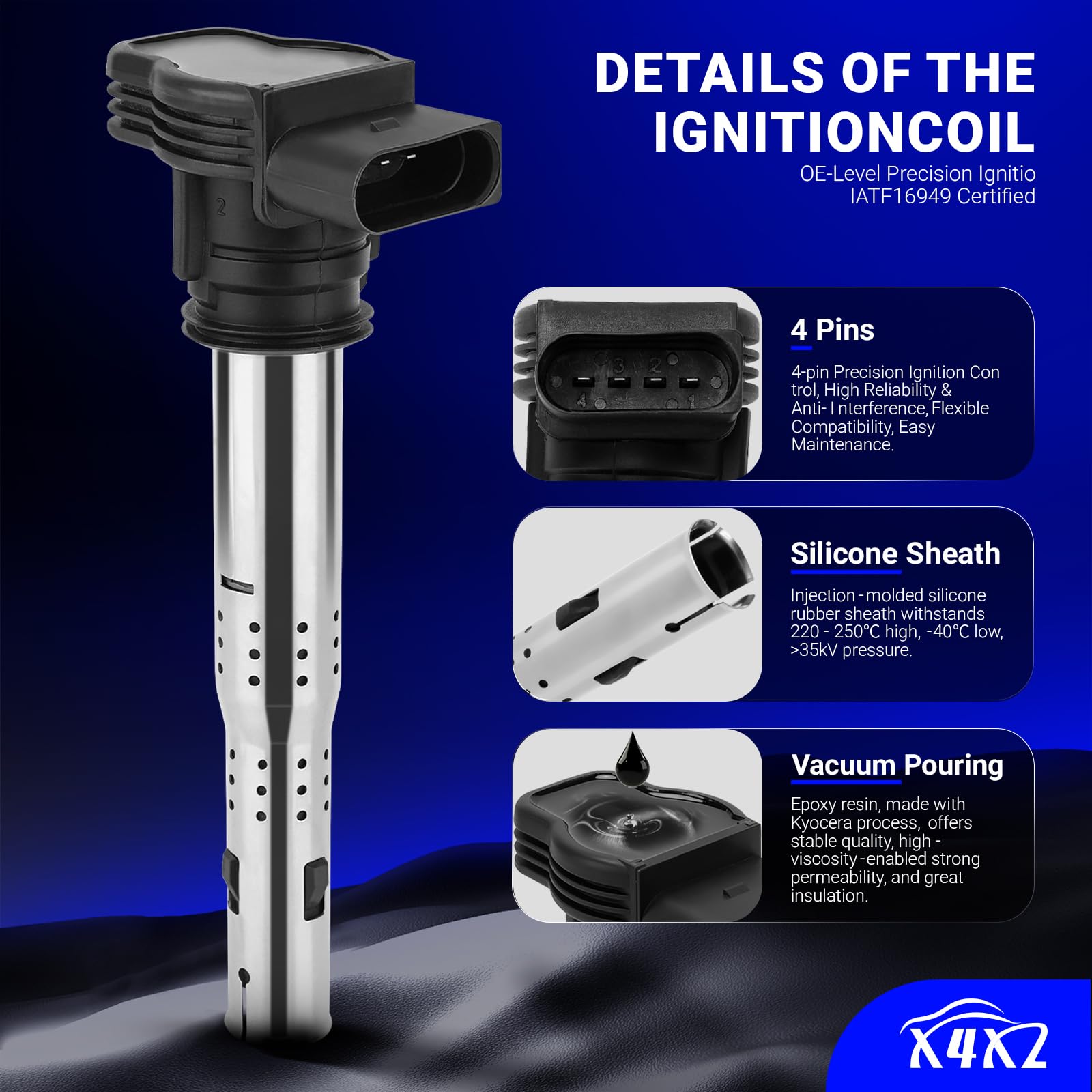 X4XZ packaging-front-view reveals four coils and four plugs.