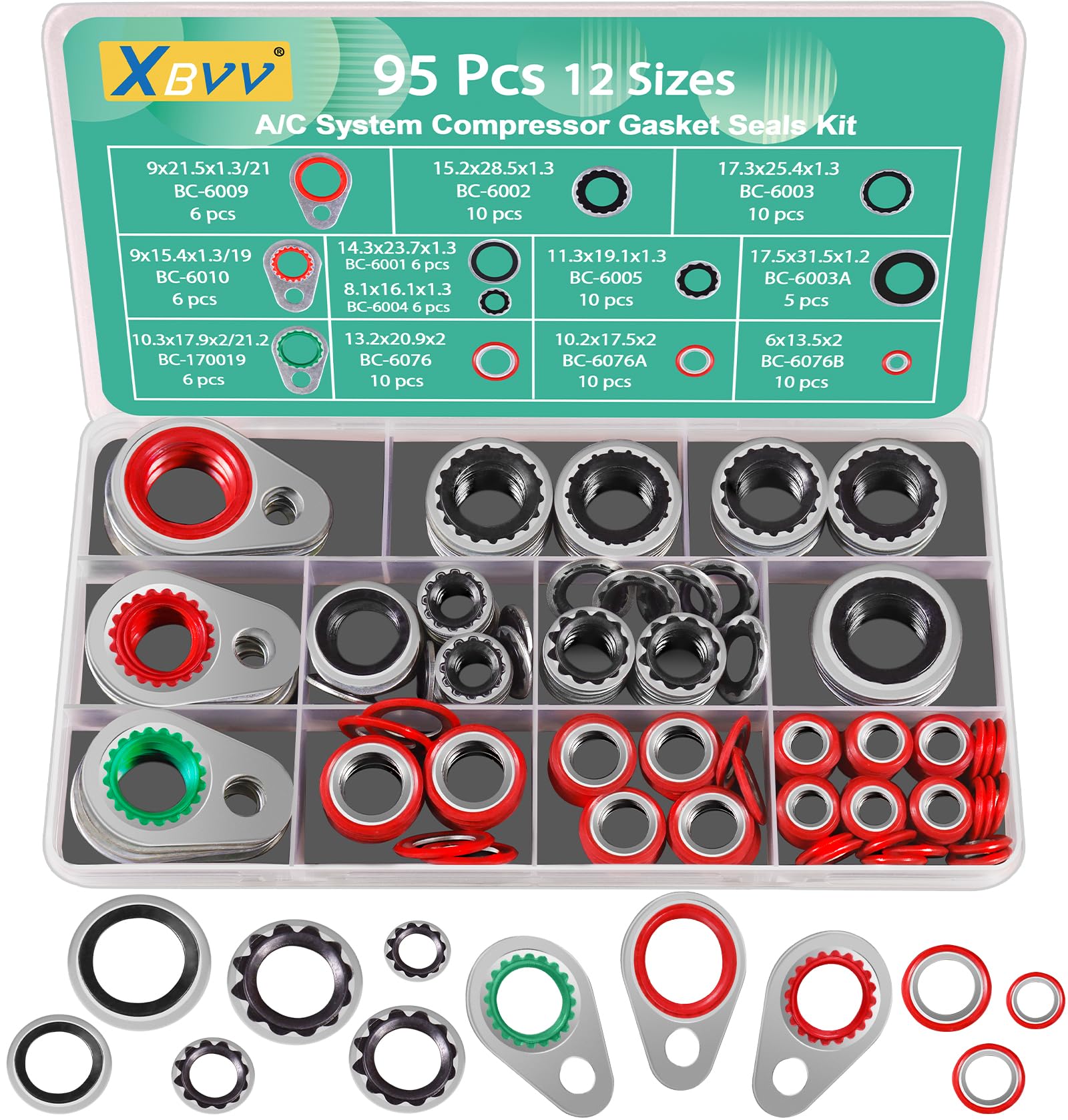 XBVV a/c gasket set packaging shows an organized 12-size kit for easy selection.