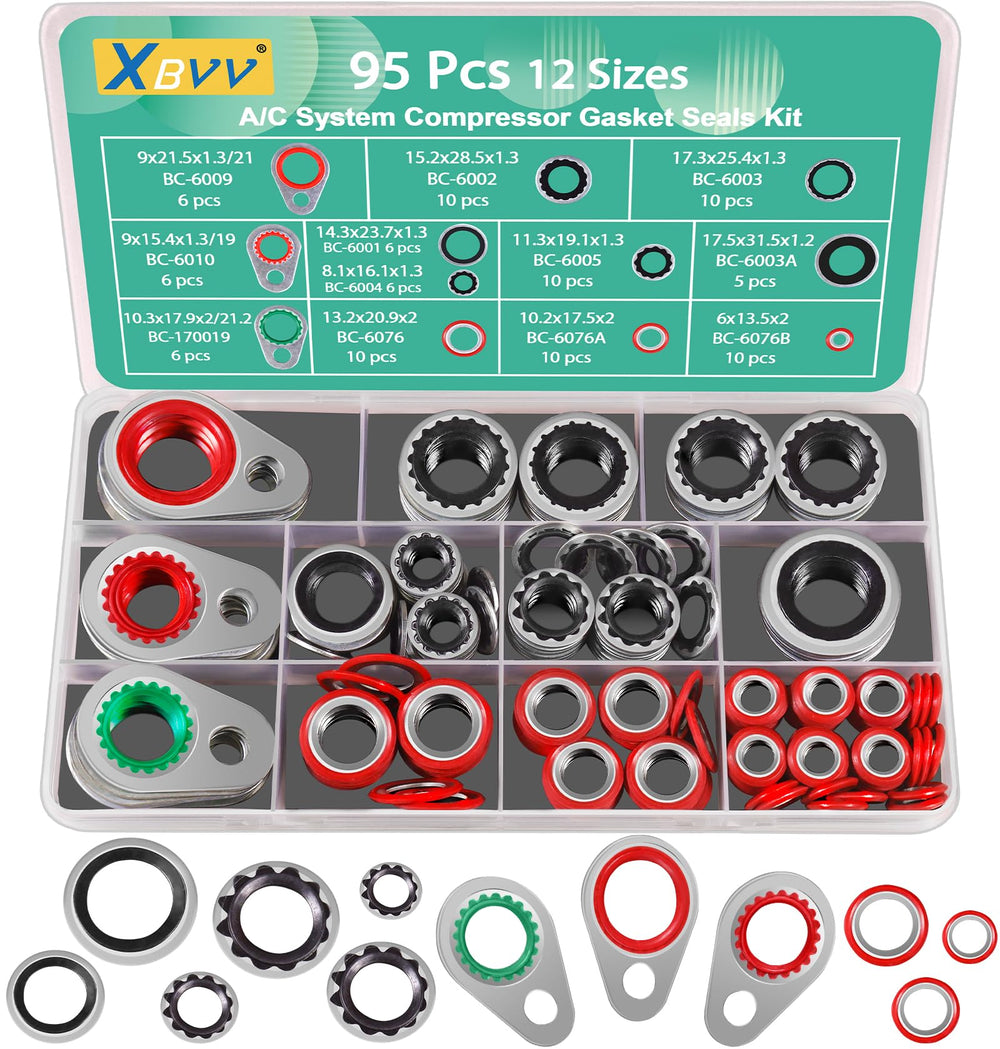 XBVV a/c gasket set packaging shows an organized 12-size kit for easy selection.
