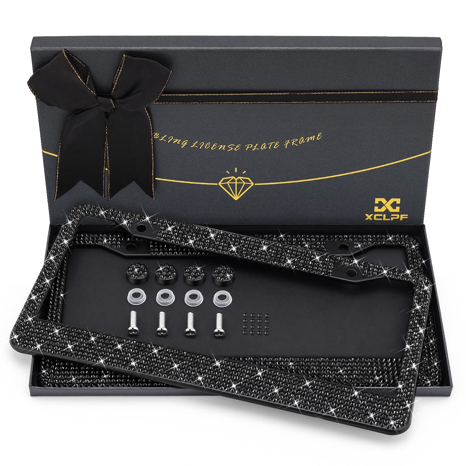 XCLPF bling license frame women front view shows sparkling rhinestones for a stylish car look
