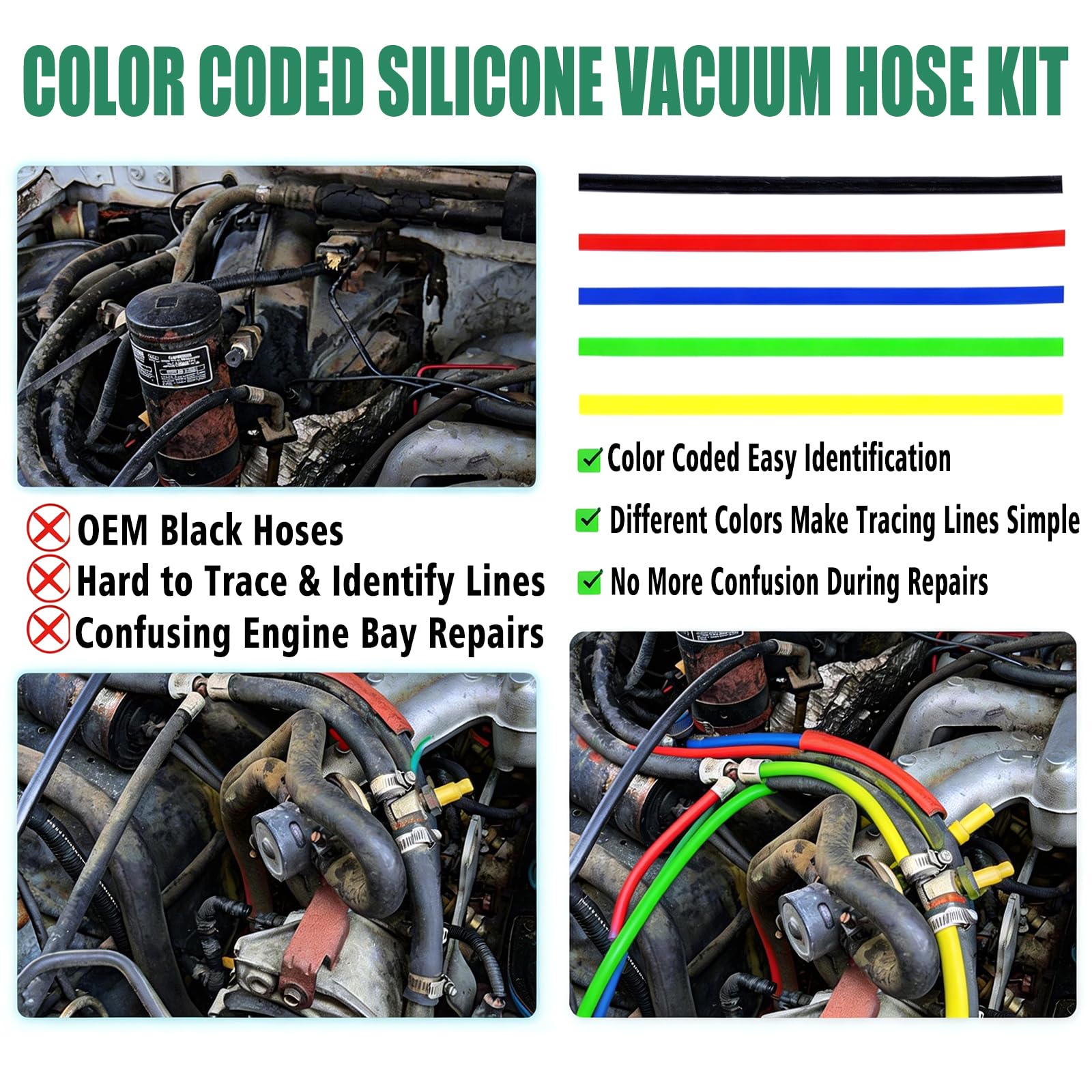XDBower lime green 5ft hose for durable engine bay connections.
