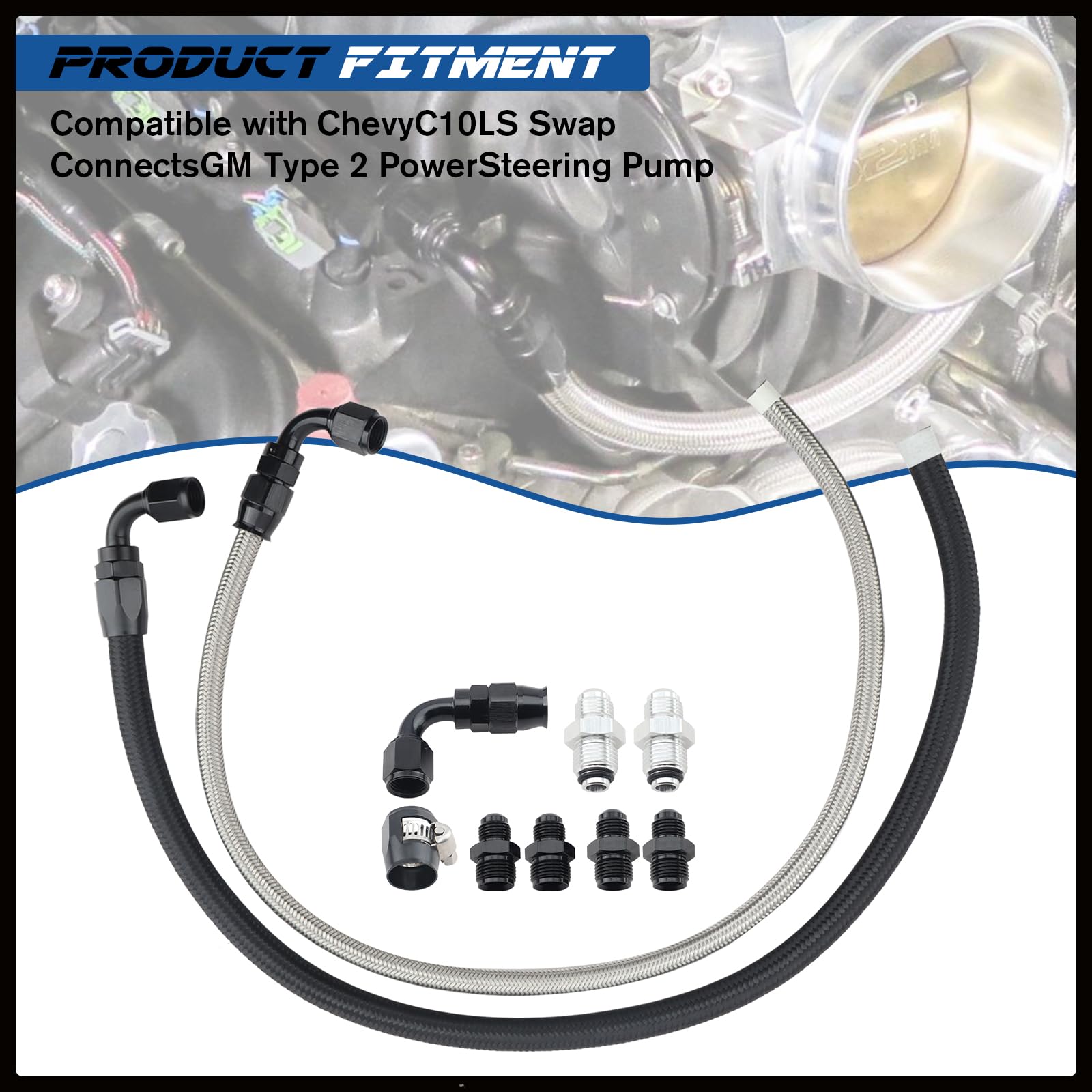 XDFDRF 6AN return hose close-up, ensures steady return flow in Chevy C10 builds.