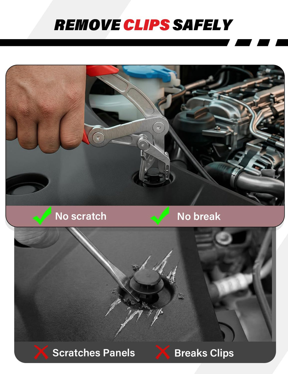 XENIVO clip removal pliers in use on a car door panel demonstrating safe removal