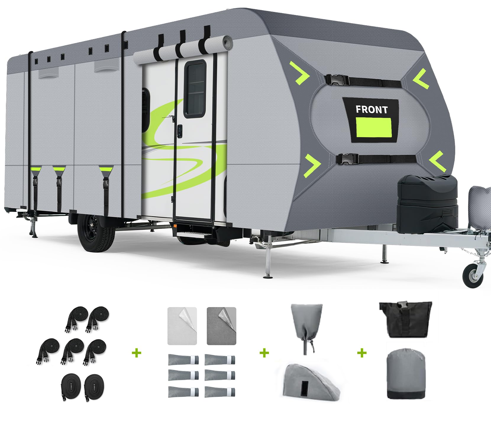 Xenjum Heavy Duty 8-Layer RV cover front view protecting trailer from sun and debris