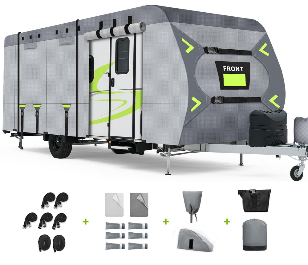 Xenjum Heavy Duty 8-Layer RV cover front view protecting trailer from sun and debris
