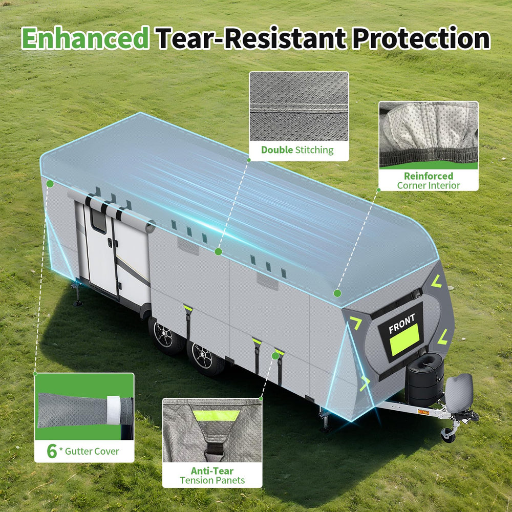 Xenjum heavy-duty RV cover with windproof straps for secure fit during storms