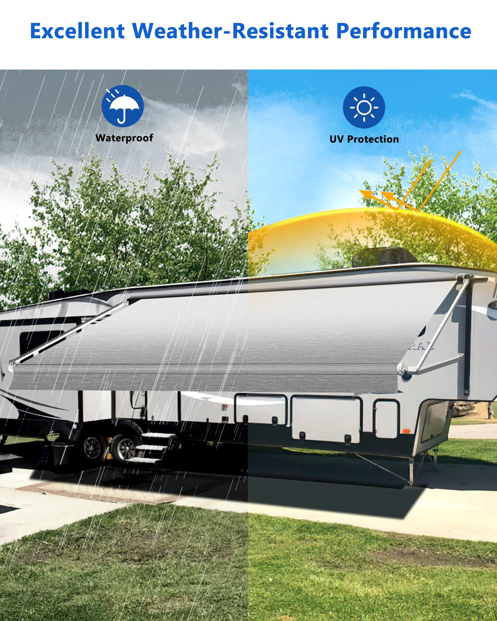 Xenjum RV awning fabric waterproof barrier protects against rain and moisture.