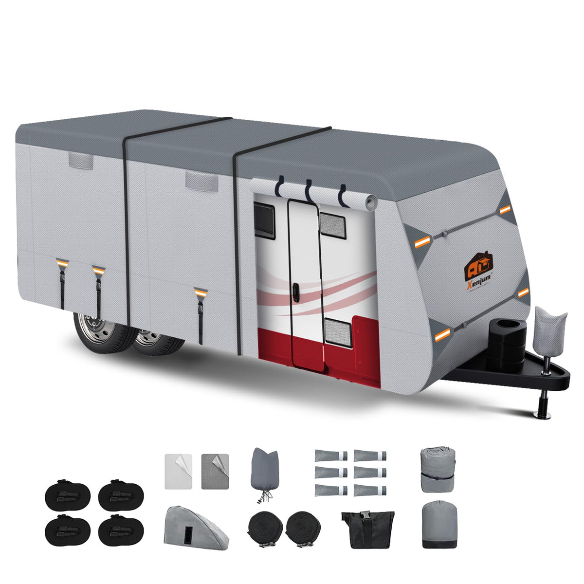 Xenjum RV cover on a 16-18 ft trailer protecting from rain and dust