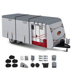 Xenjum travel trailer cover front view highlights 7-layer protection against rain and sun.