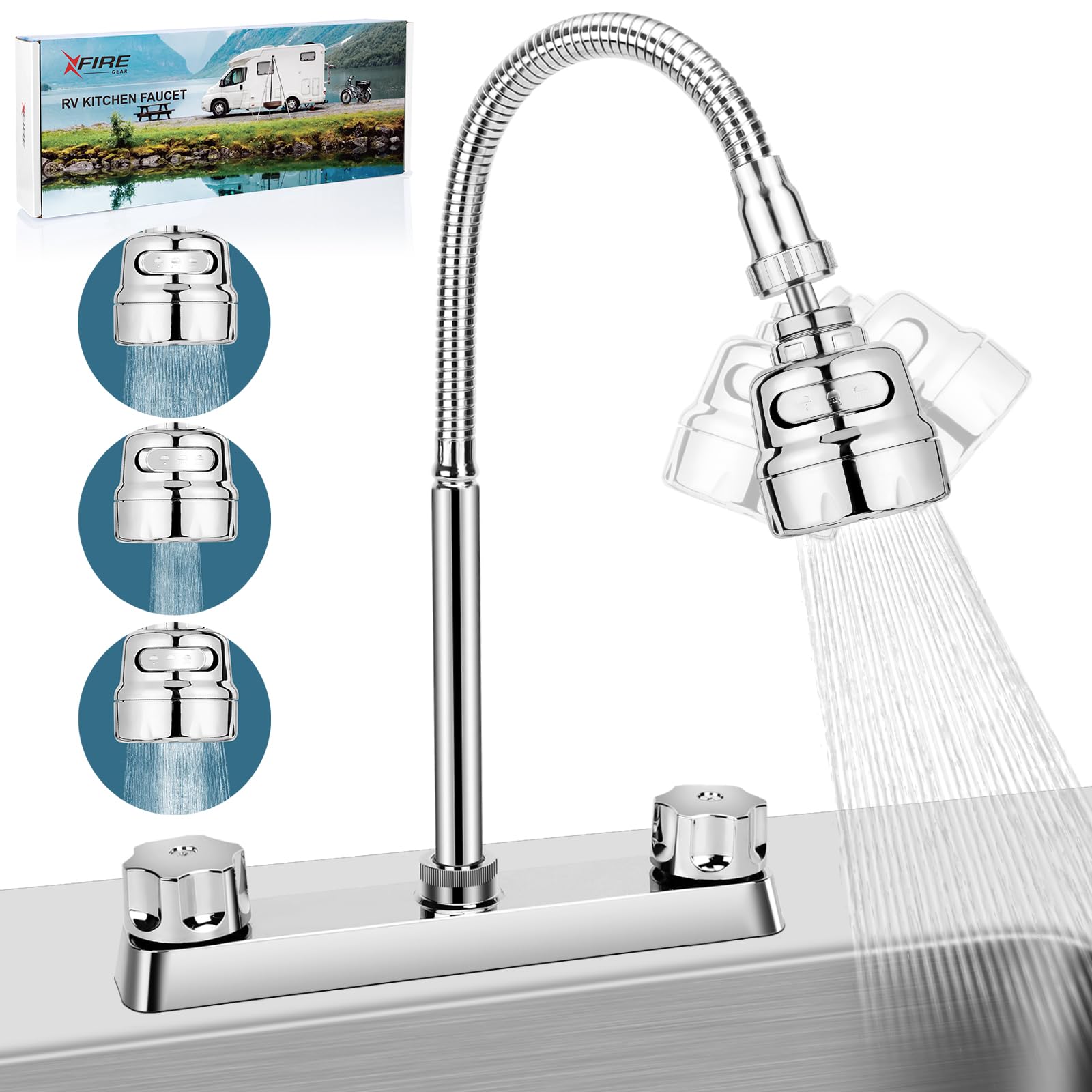 XFIRE-GEAR RV sink faucet 360-degree sprayer for flexible cleaning in RV kitchens.