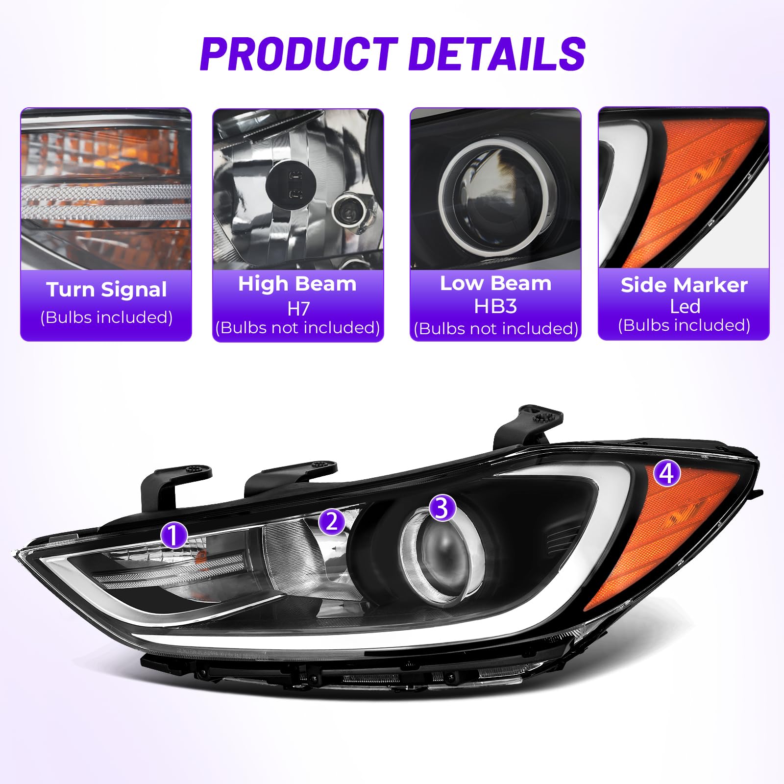 XGWZ right headlight for Elantra 2017-2018 with black housing for better illumination