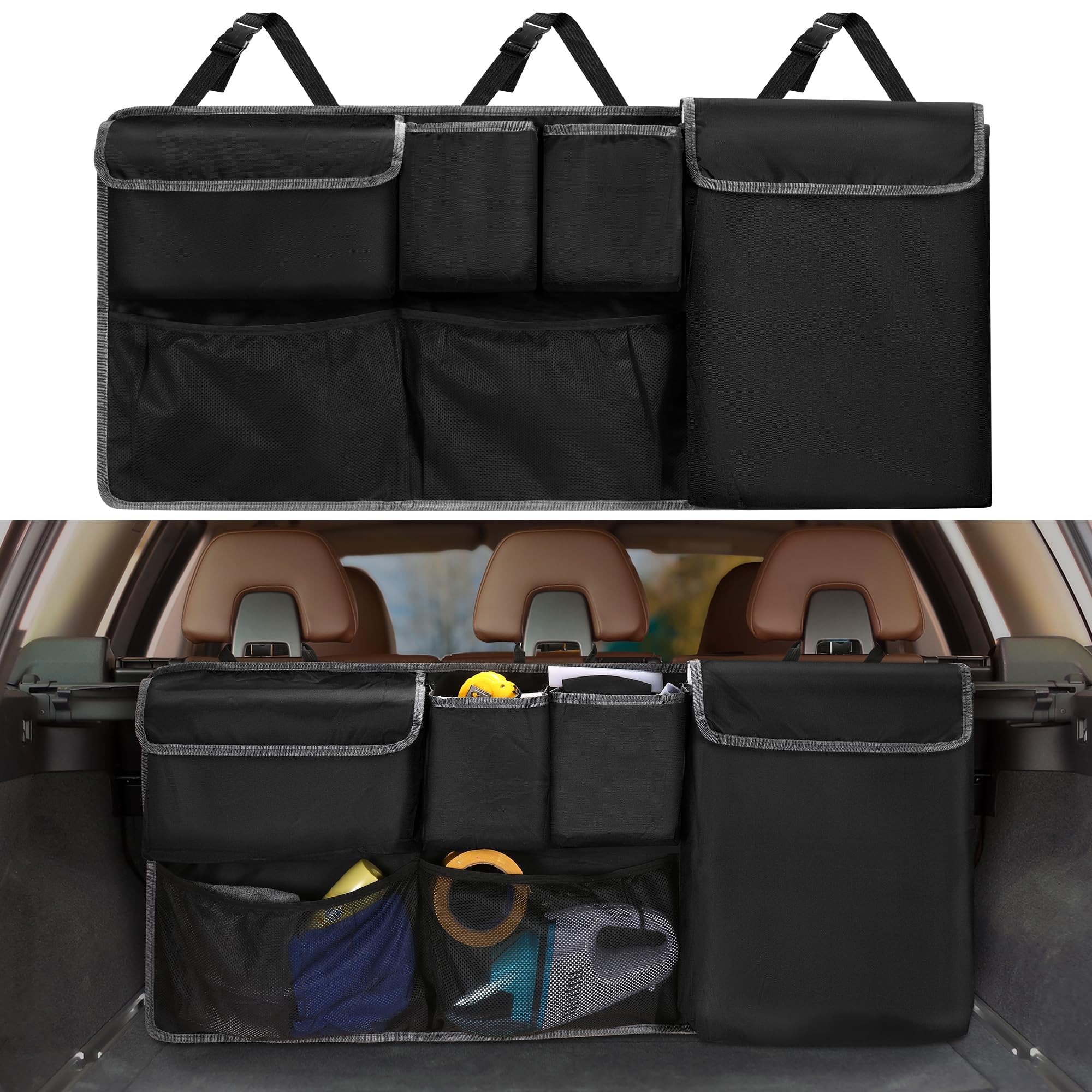 XHRING trunk organizer hanging design for Ford Bronco showing backseat attachment and accessible storage