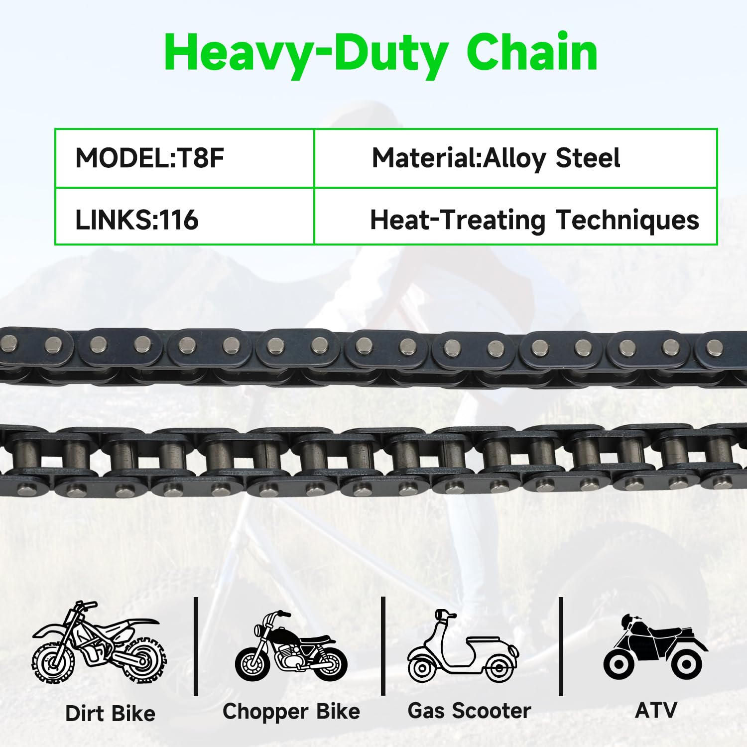 XIKOBY 116-link chain on mini dirt bike for endurance and durability.