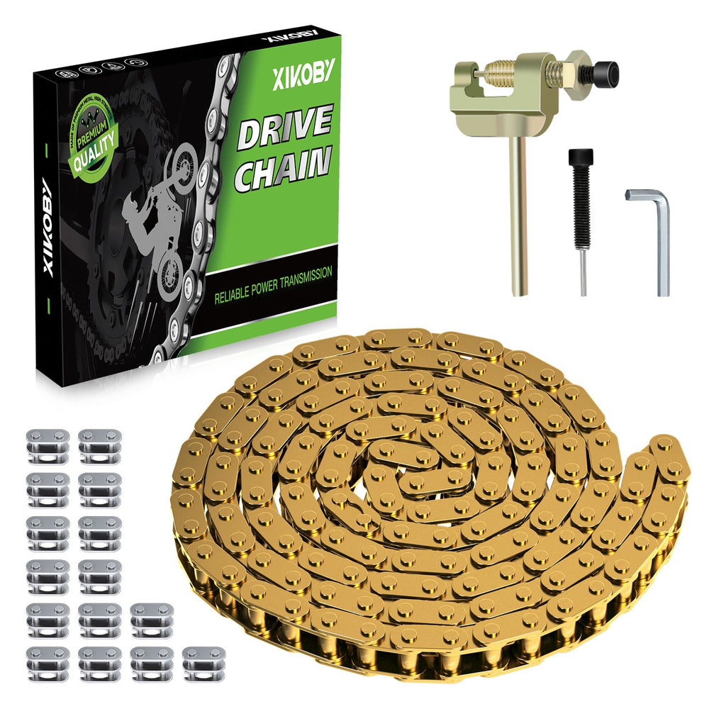 XIKOBY T8F 134-link drive chain in gold finish for durable dirt bike performance.