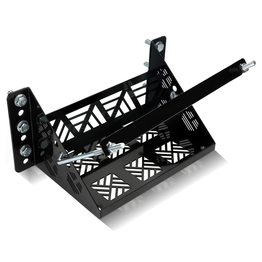 XIKOBY universal battery tray side view shows sturdy support for marine RV and automotive setups.