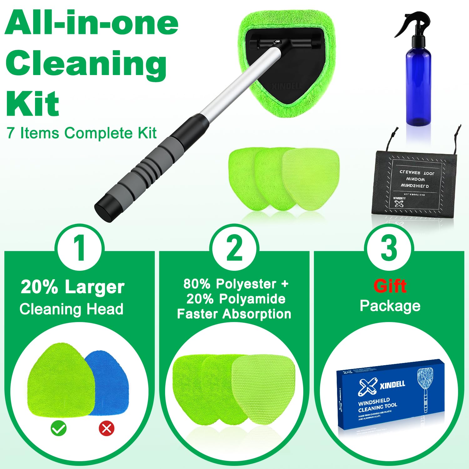 XINDELL Windshield Cleaner Tool 180° swivel head cleans corners with ease.