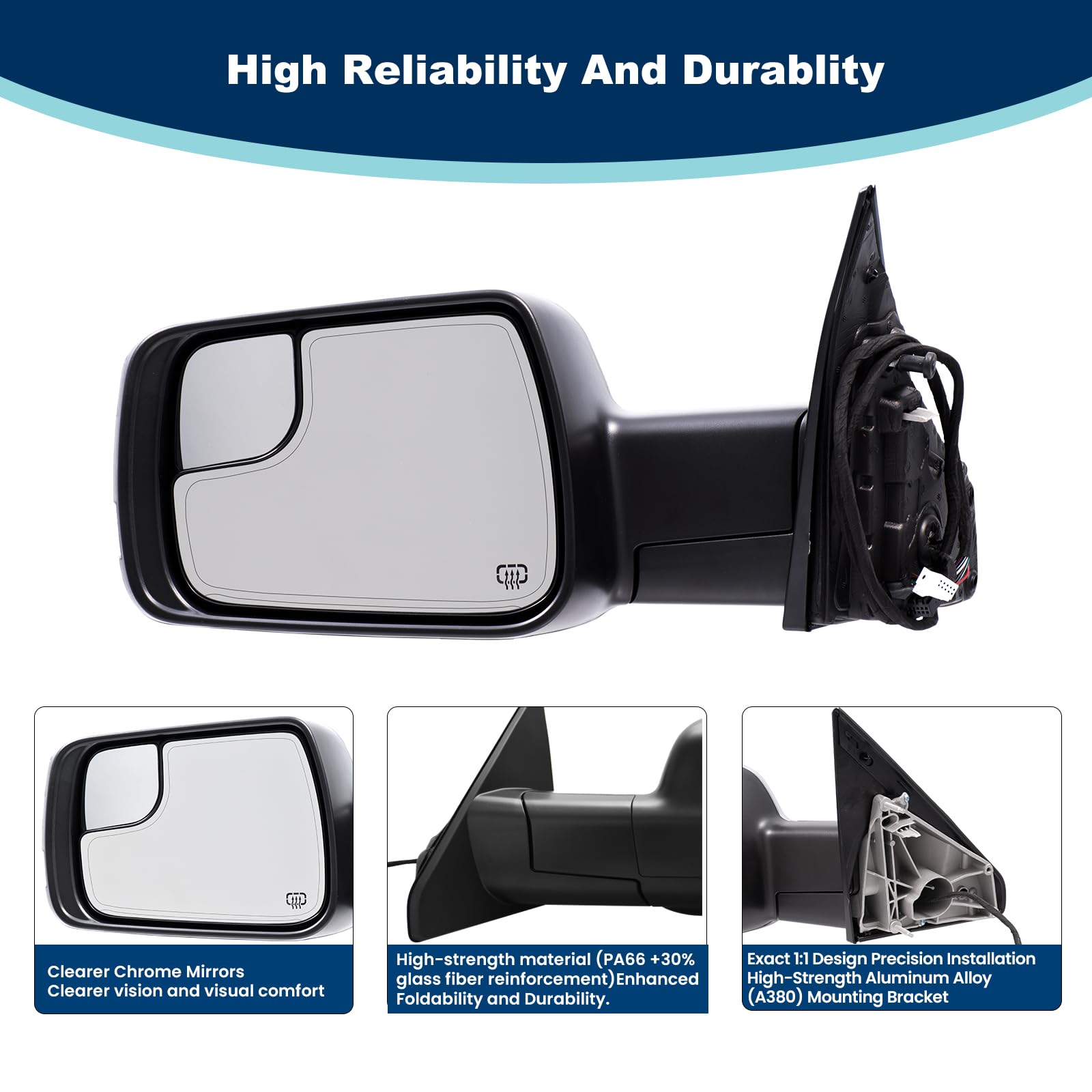 Xingsichuang Ram 1500 left mirror, close-up with connector, supports 8+6 pin layout.