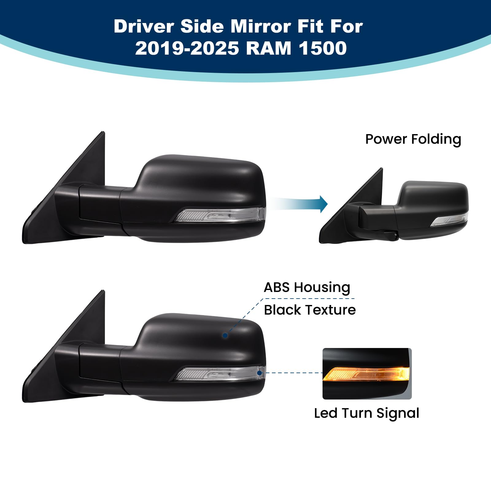 Xingsichuang Ram 1500 left mirror, side profile, easy bolt-on installation.