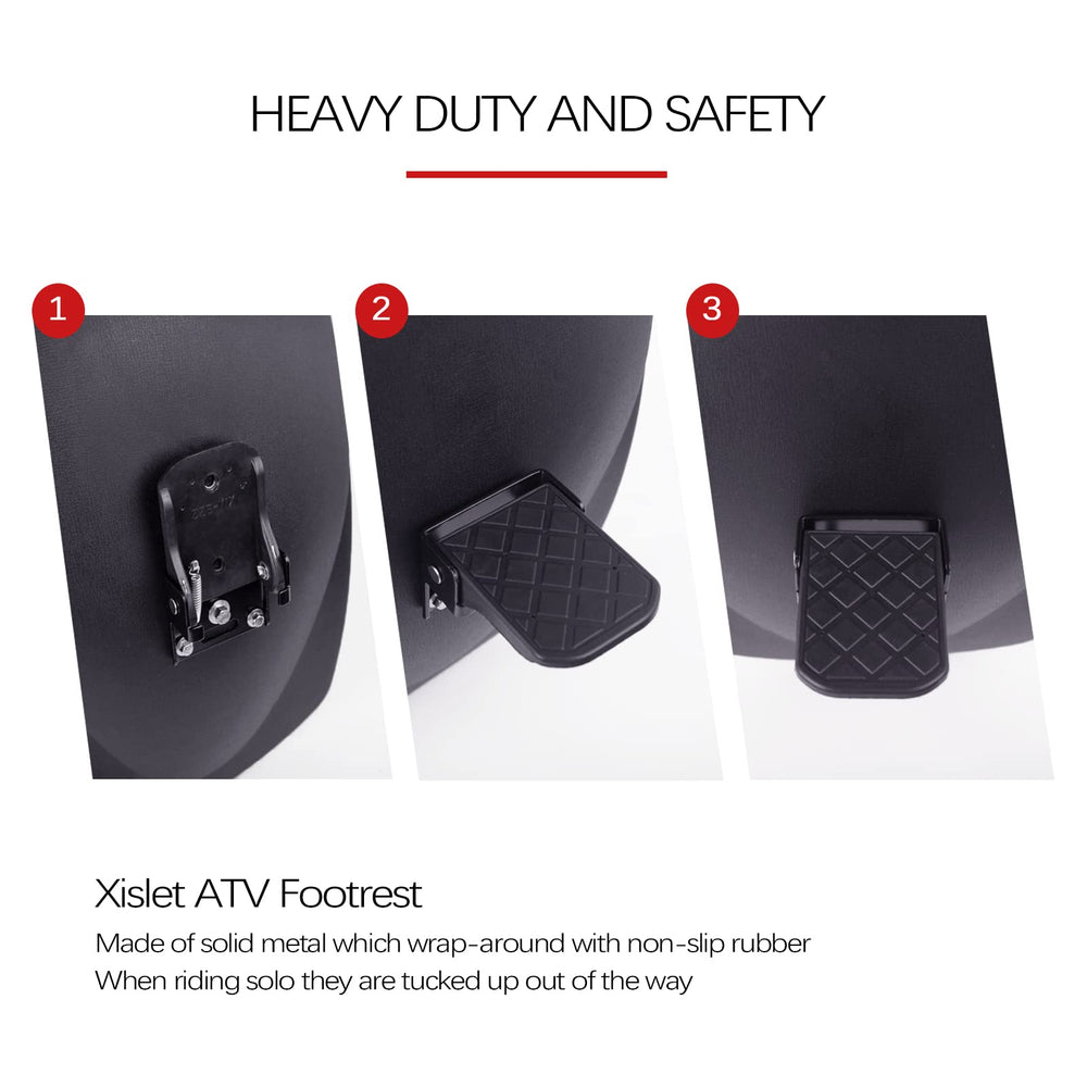 Xislet ATV foot rest mounted on rear passenger, folds up when not in use.
