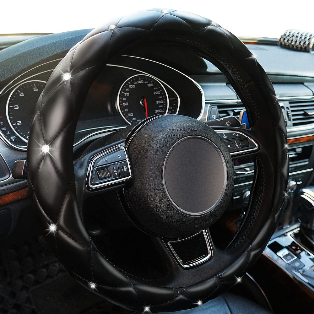 Xizopucy diamond leather bling steering wheel cover closeup shows chic rhinestones and premium grip