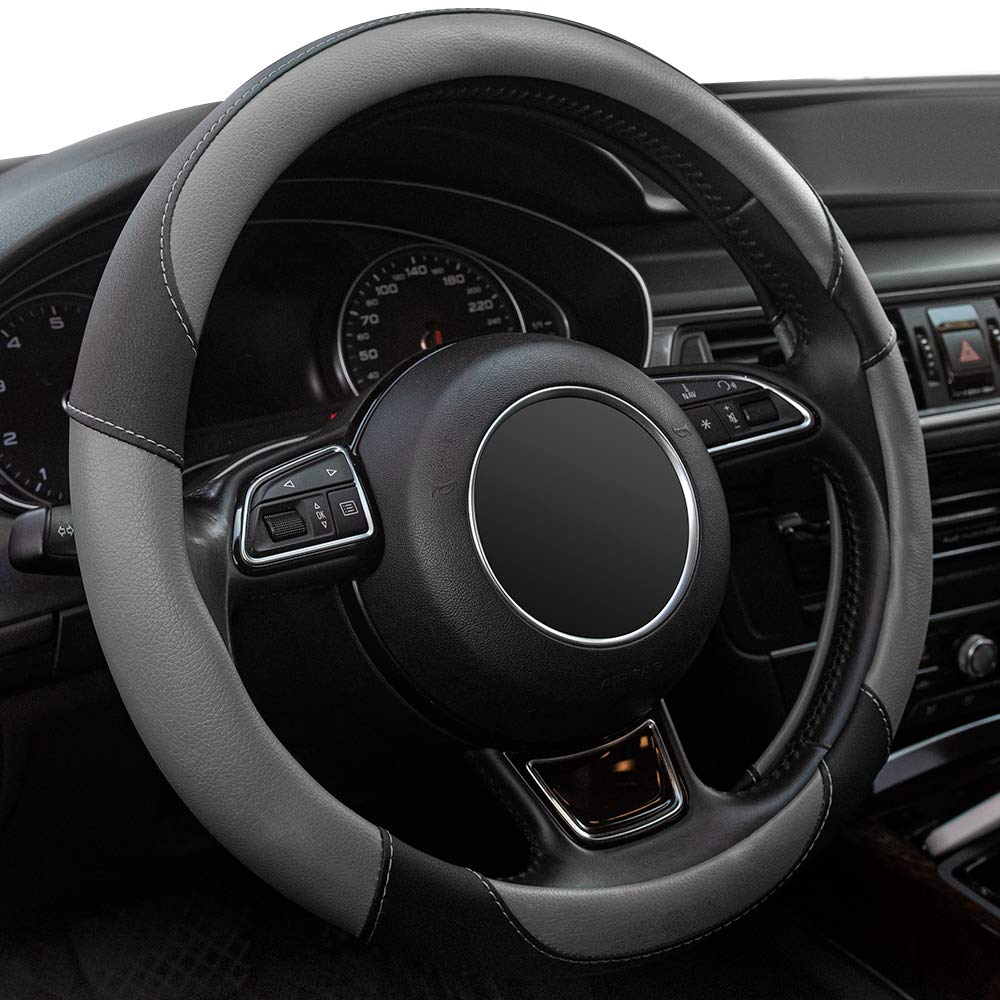 Xizopucy gray steering wheel cover on a 14-15 inch wheel for grip and style.