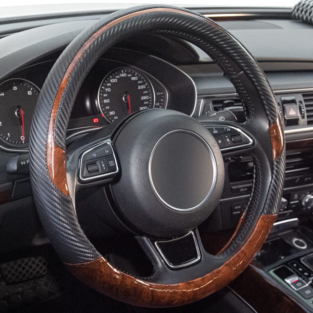 Xizopucy wood grain steering wheel cover in black enhances grip and style.
