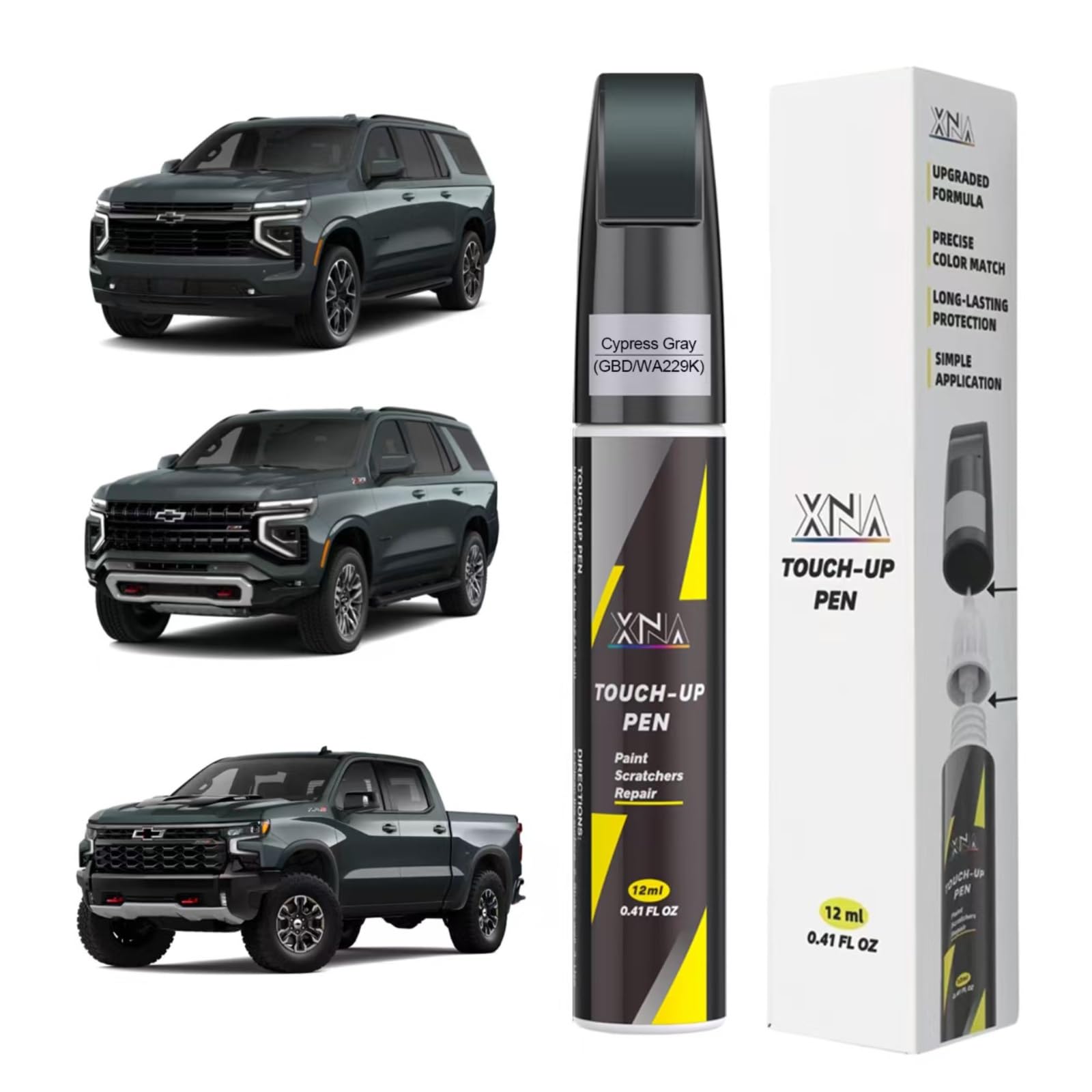 XNA Cypress Gray car touch-up paint bottle matches Chevrolet color for seamless repairs.