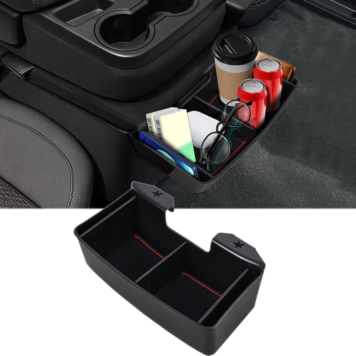 Xomzema center console divider keeps items organized and within reach.