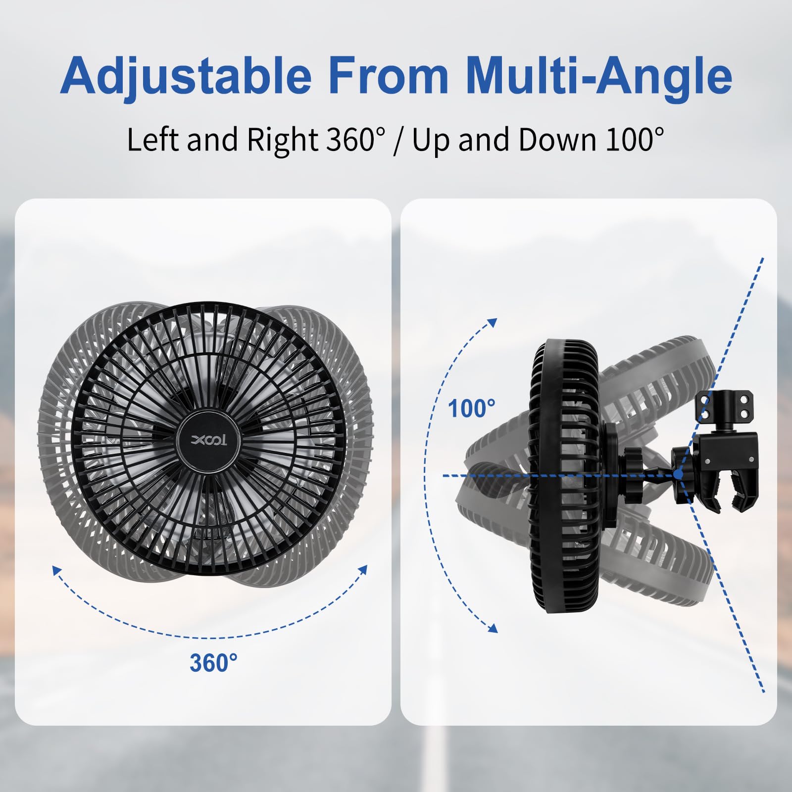 XOOL Clip Car Fan works with 12V/24V vehicles for broad compatibility.