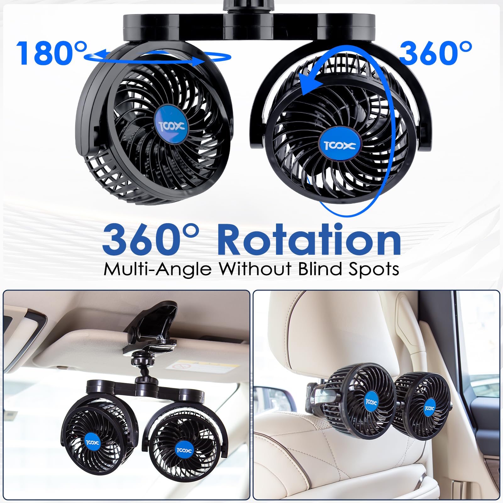 XOOL Clip Car Fan 360-degree tilt directs airflow efficiently
