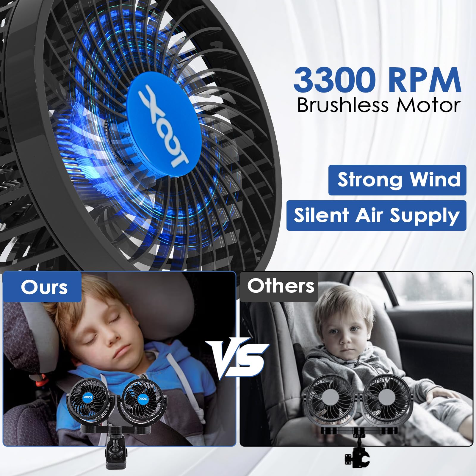 XOOL Clip Car Fan adjustable clamp for multiple surfaces