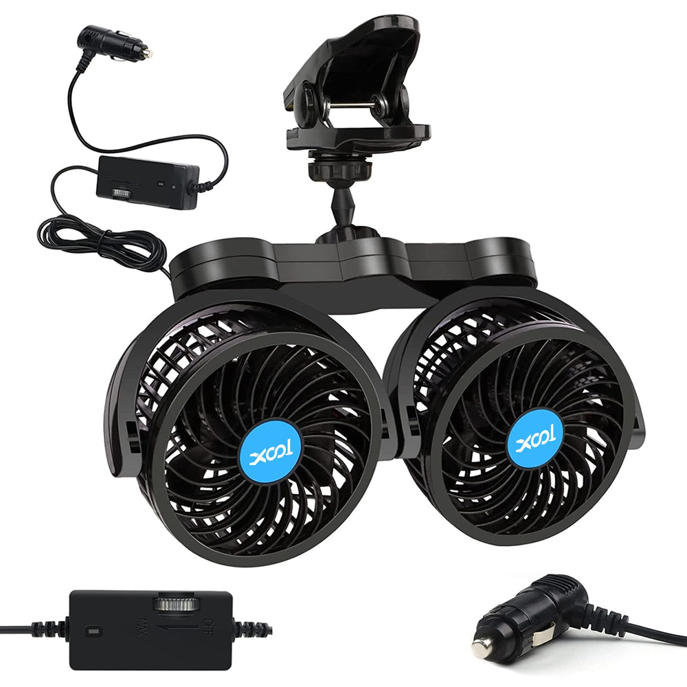 XOOL Clip Car Fan dual-head front-seat cooling for backseat comfort