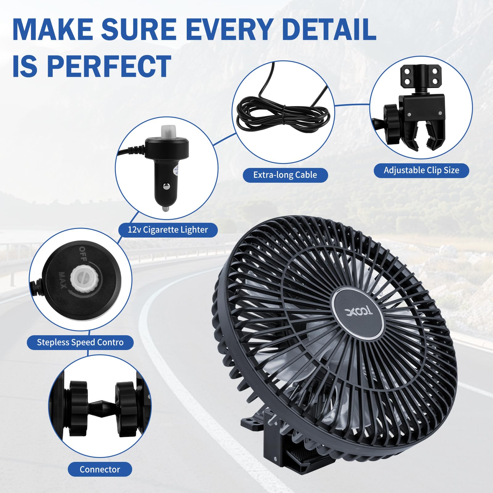 XOOL Clip Car Fan stepless speed control for tailored comfort.
