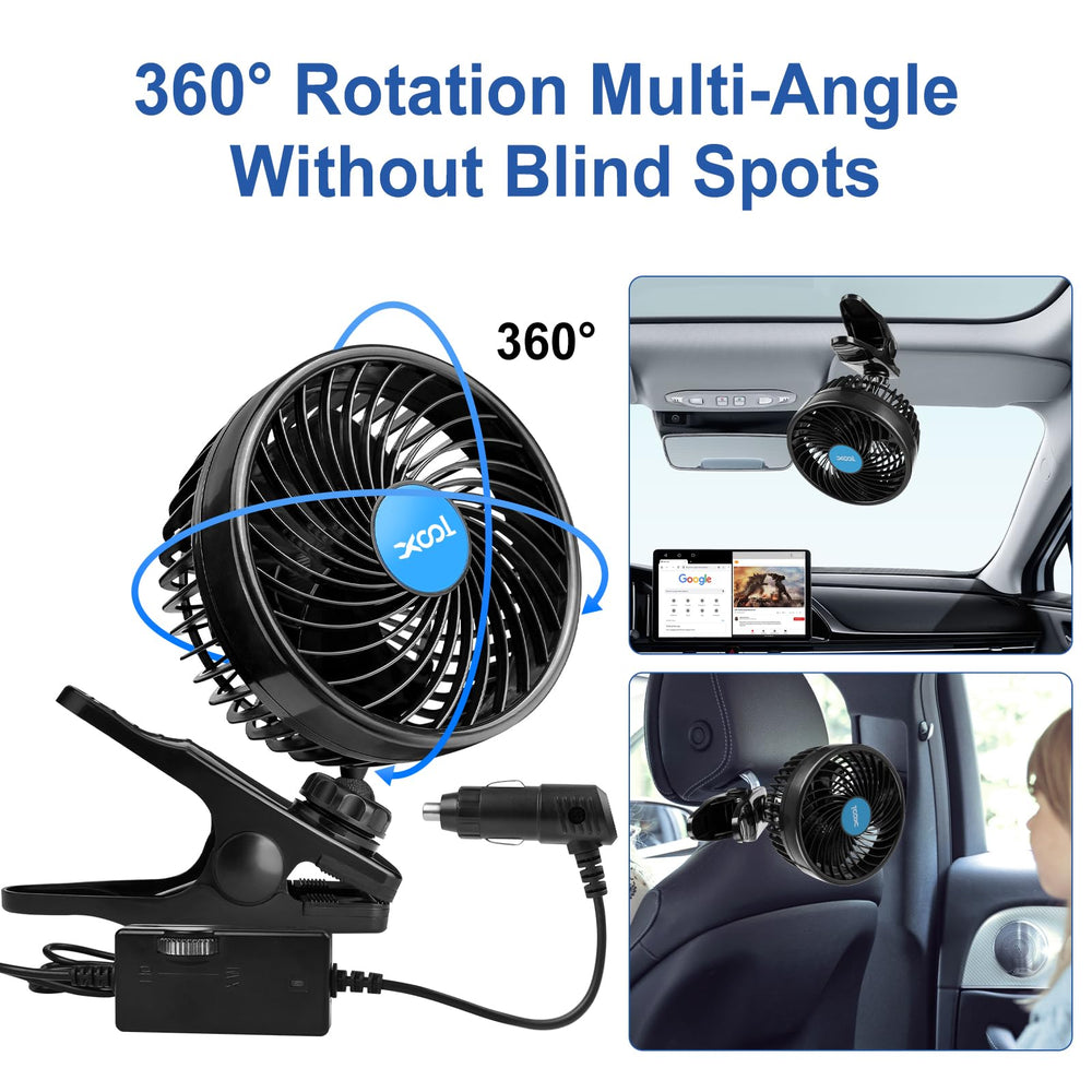 XOOL clip-design car fan side angle showing easy clamp for versatile mounting